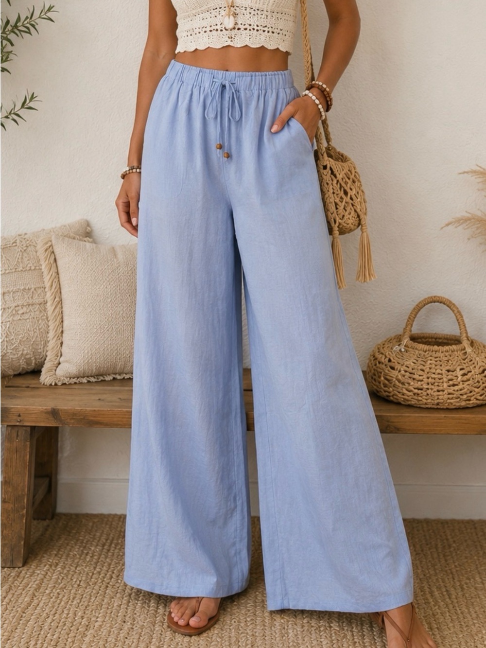 Very J Blue Wide Leg Lounge Pants Boho Linen Blend Comfy Fit Size Large NWT
